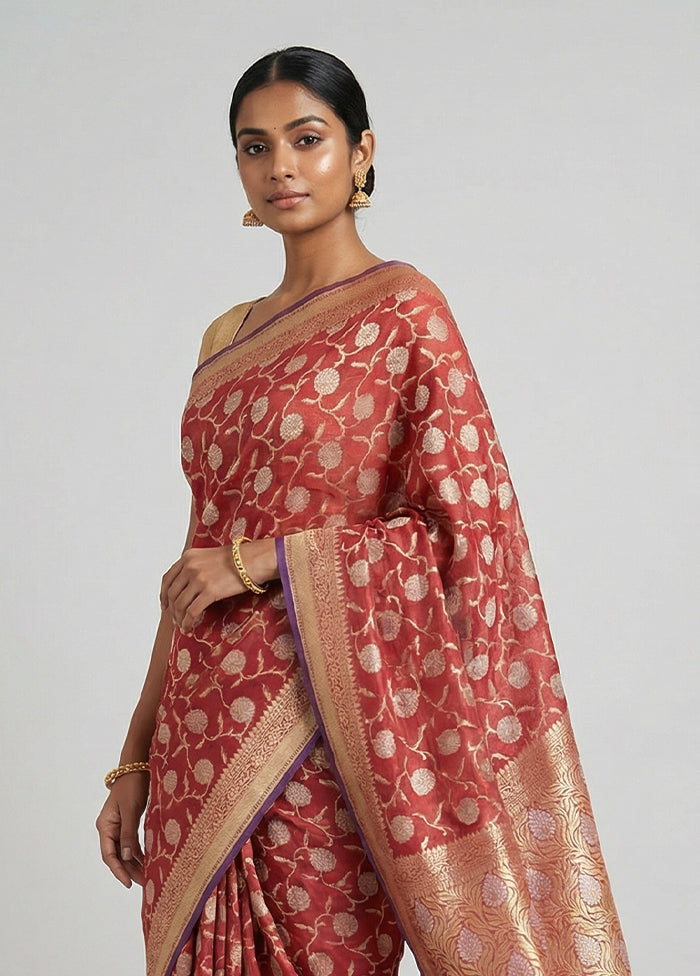 Maroon Kora Silk Saree With Blouse Piece