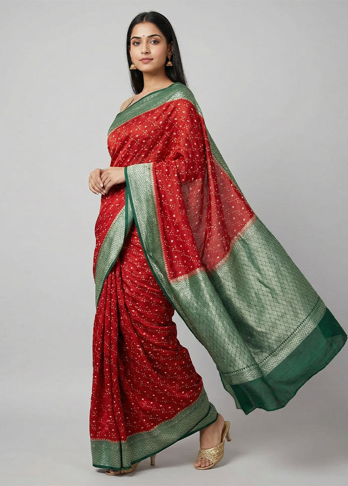 Red Dupion Silk Saree With Blouse Piece
