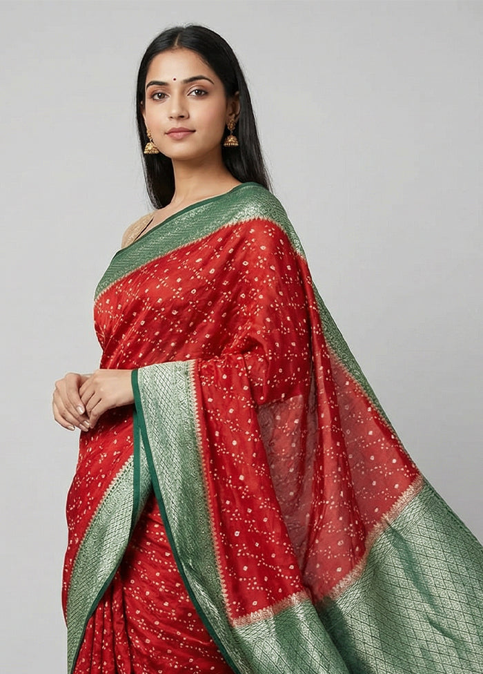 Red Dupion Silk Saree With Blouse Piece