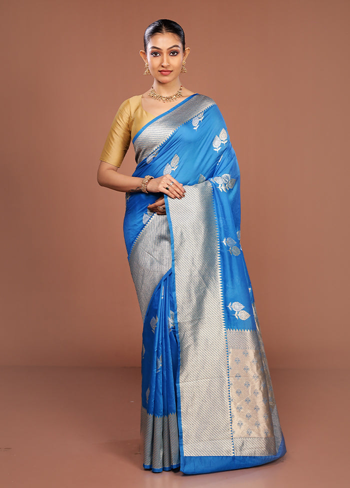 Blue Dupion Silk Saree With Blouse Piece
