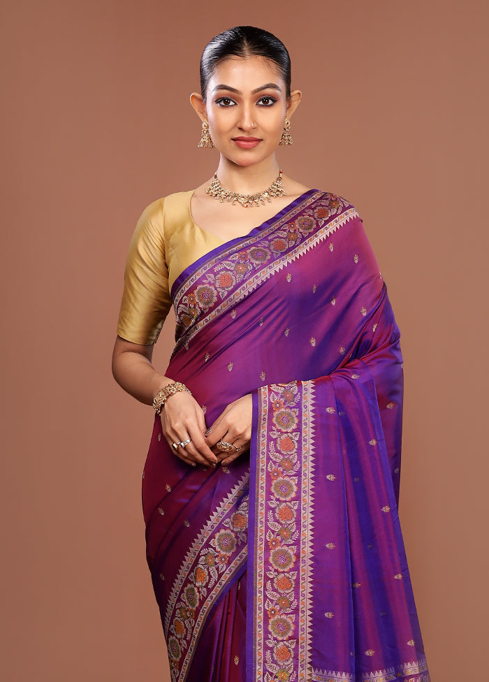 Purple Handloom Jamewar Pure Silk Saree With Blouse Piece