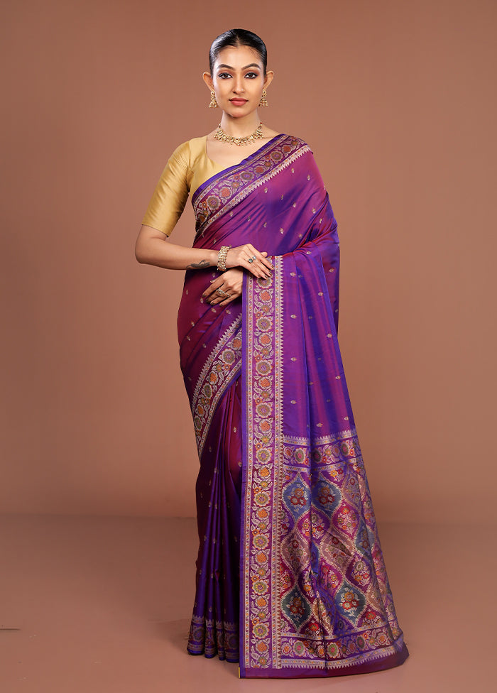 Purple Handloom Jamewar Pure Silk Saree With Blouse Piece