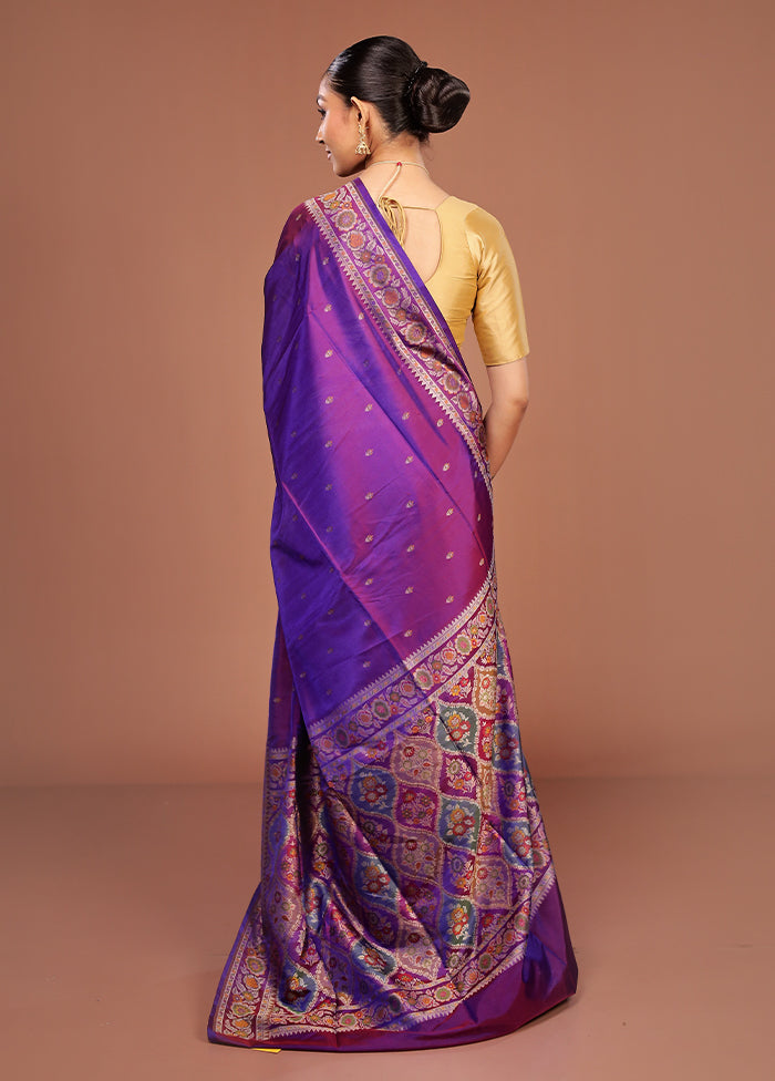 Purple Handloom Jamewar Pure Silk Saree With Blouse Piece