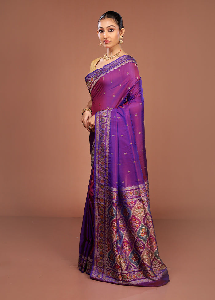 Purple Handloom Jamewar Pure Silk Saree With Blouse Piece