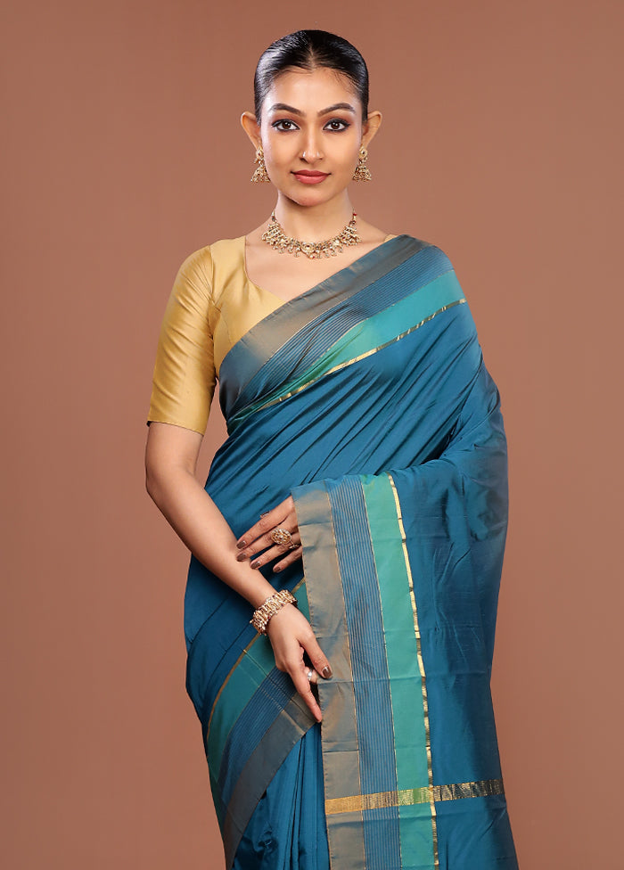 Blue Kanjivaram Silk Saree With Blouse Piece