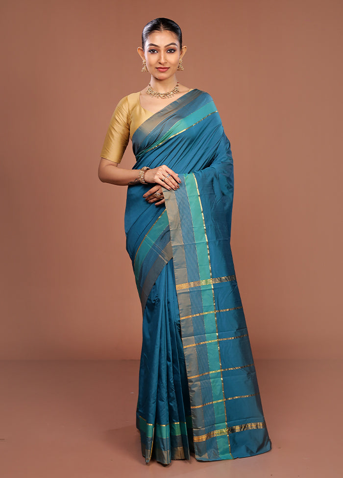 Blue Kanjivaram Silk Saree With Blouse Piece
