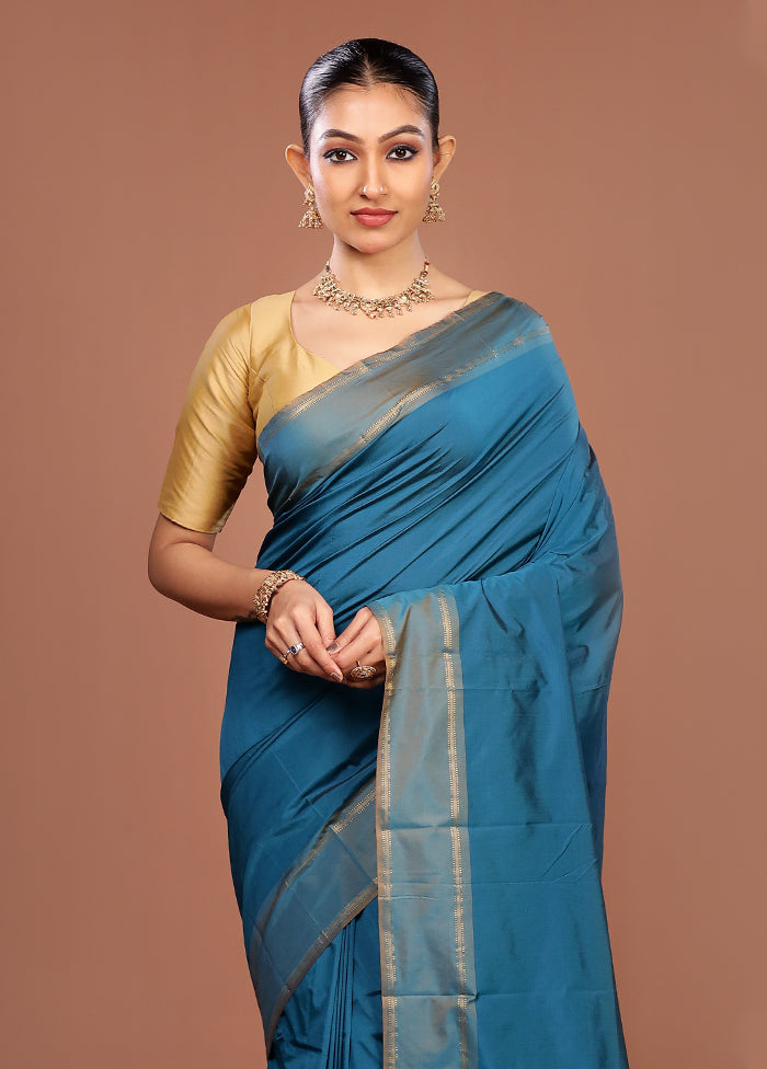 Blue Kanjivaram Silk Saree With Blouse Piece