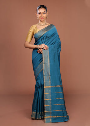 Blue Kanjivaram Silk Saree With Blouse Piece