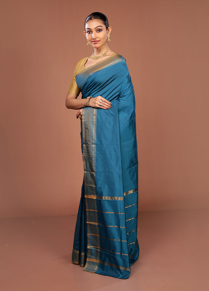 Blue Kanjivaram Silk Saree With Blouse Piece