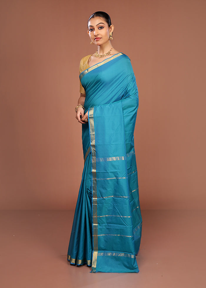 Blue Kanjivaram Silk Saree With Blouse Piece