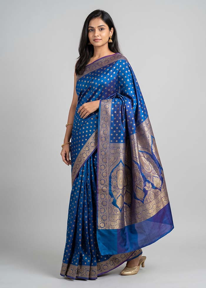 Blue Banarasi Silk Saree With Blouse Piece