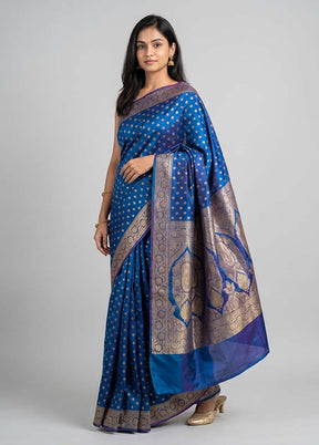 Blue Banarasi Silk Saree With Blouse Piece