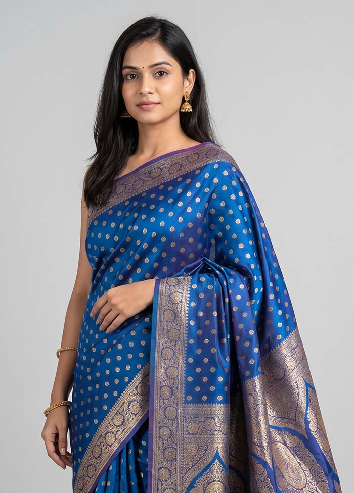 Blue Banarasi Silk Saree With Blouse Piece