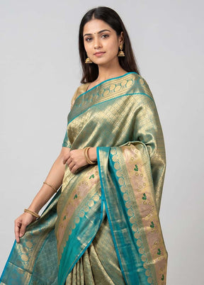 Gold Handloom Kanchipuram Pure Silk Saree With Blouse Piece