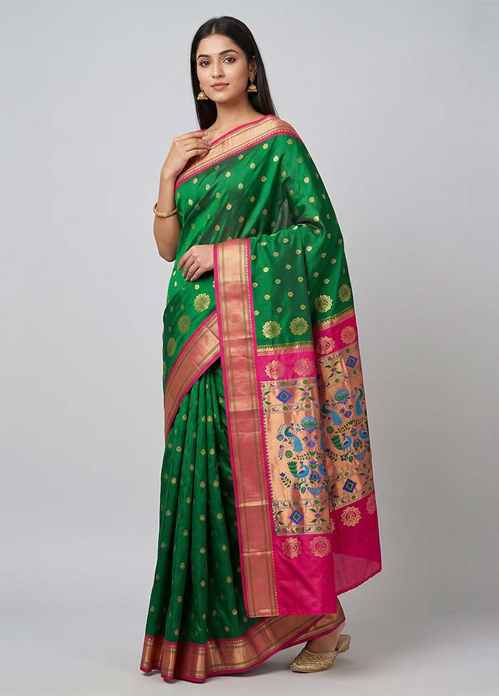 Green Handloom Kanchipuram Pure Silk Saree With Blouse Piece