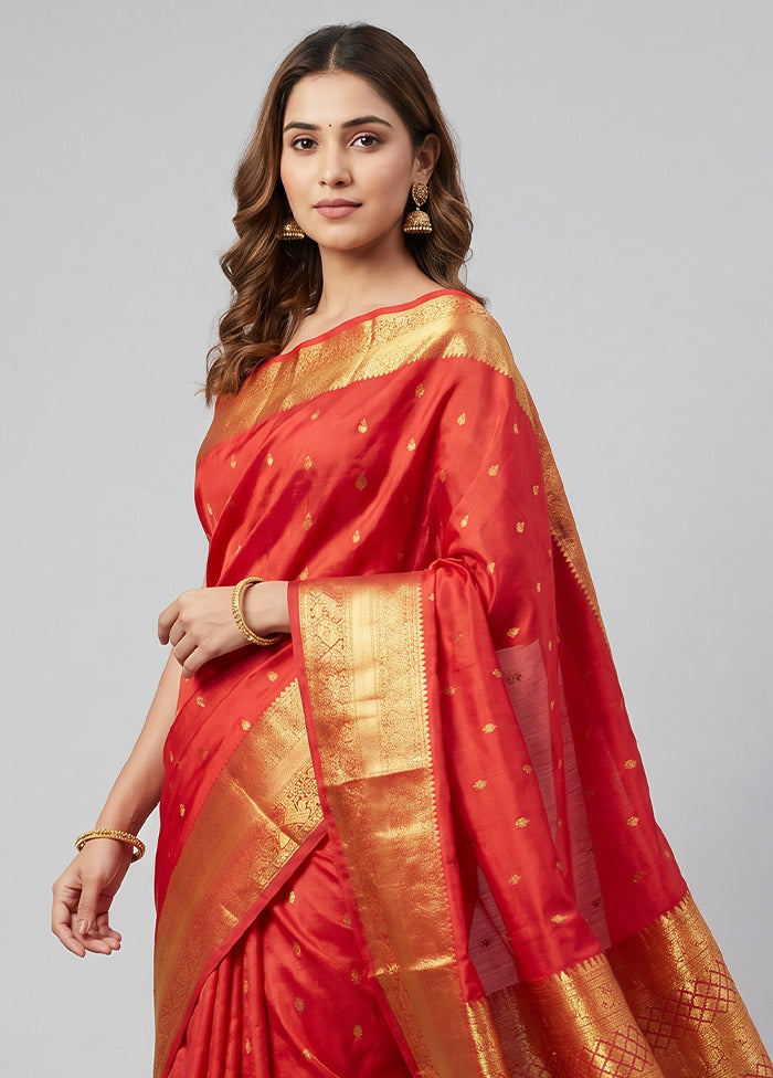 Red Handloom Kanchipuram Pure Silk Saree With Blouse Piece
