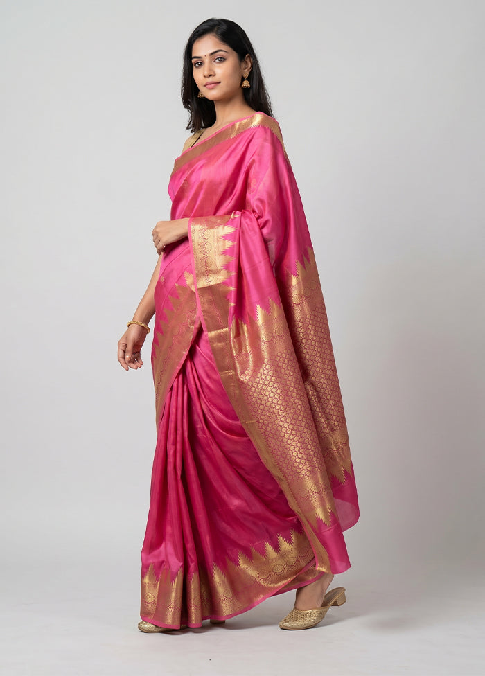 Pink Handloom Kanchipuram Pure Silk Saree With Blouse Piece