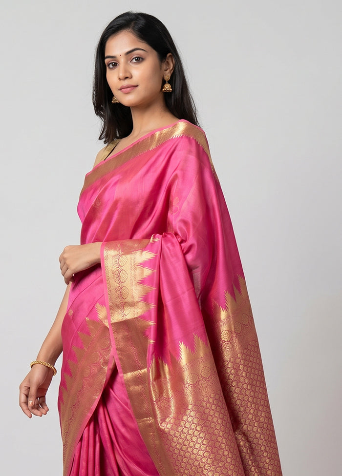 Pink Handloom Kanchipuram Pure Silk Saree With Blouse Piece