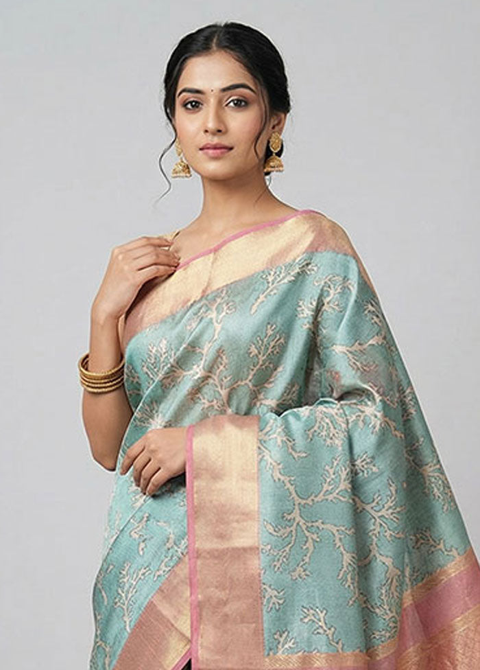Blue Tissue Silk Saree With Blouse Piece
