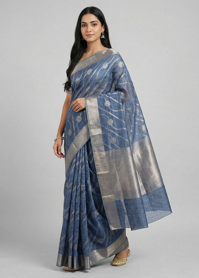 Blue Cotton Saree With Blouse Piece