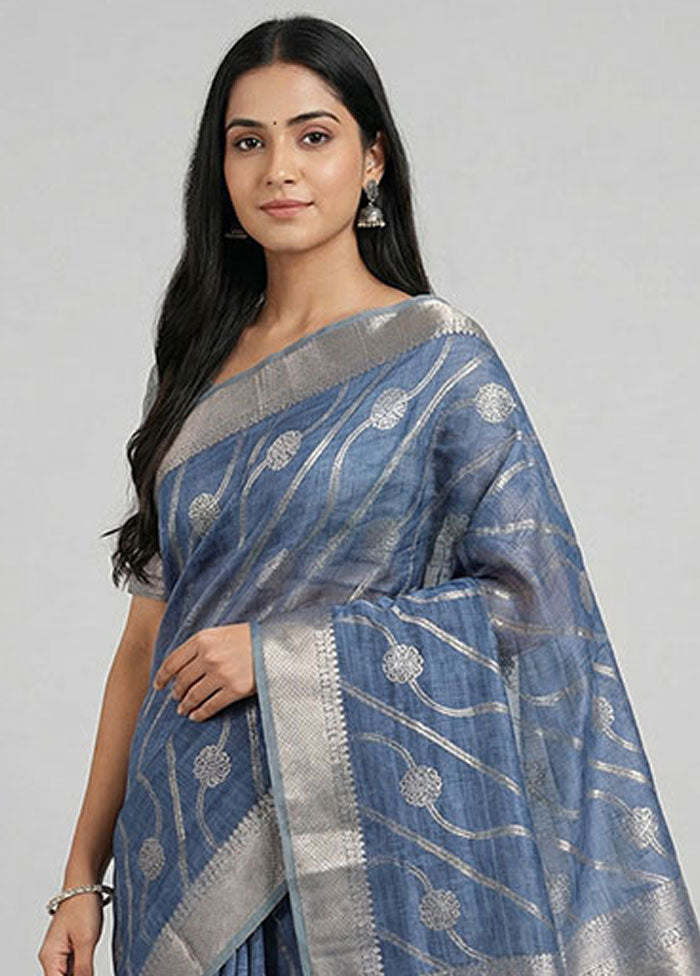Blue Cotton Saree With Blouse Piece