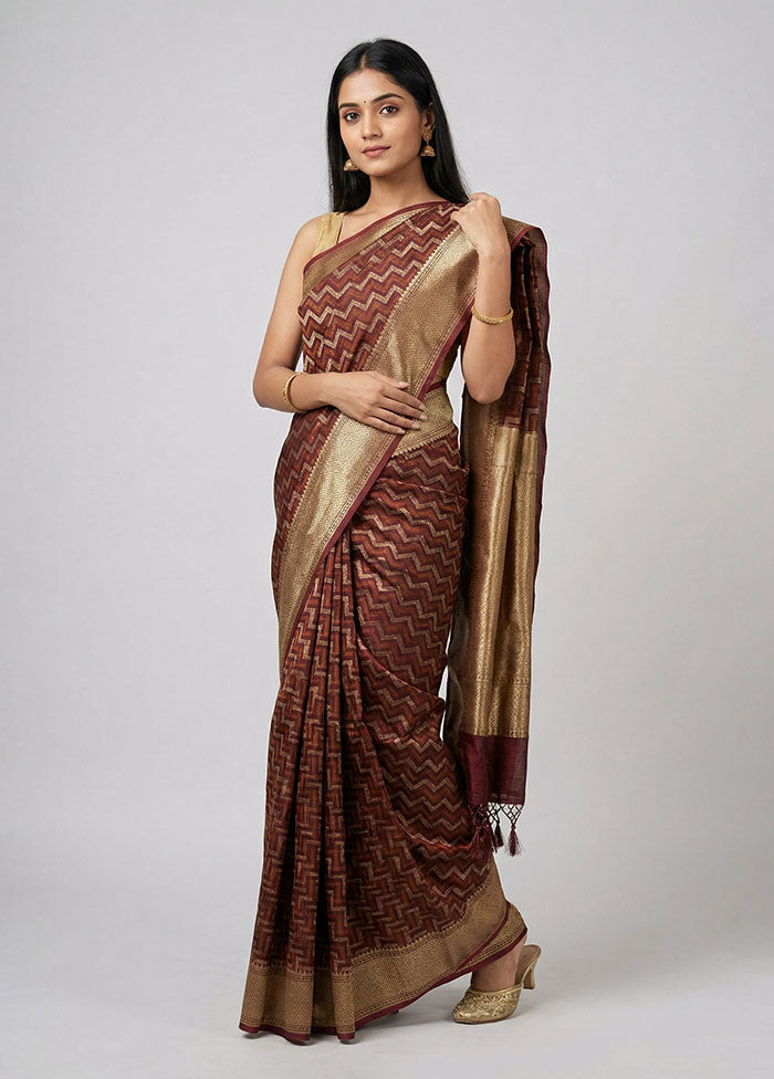 Maroon Kora Silk Saree With Blouse Piece
