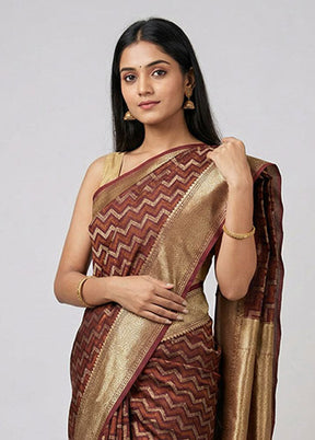 Maroon Kora Silk Saree With Blouse Piece