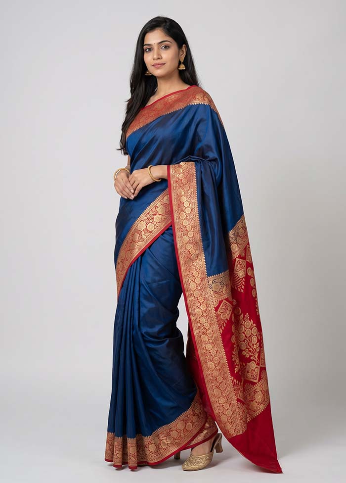 Blue Banarasi Silk Saree With Blouse Piece