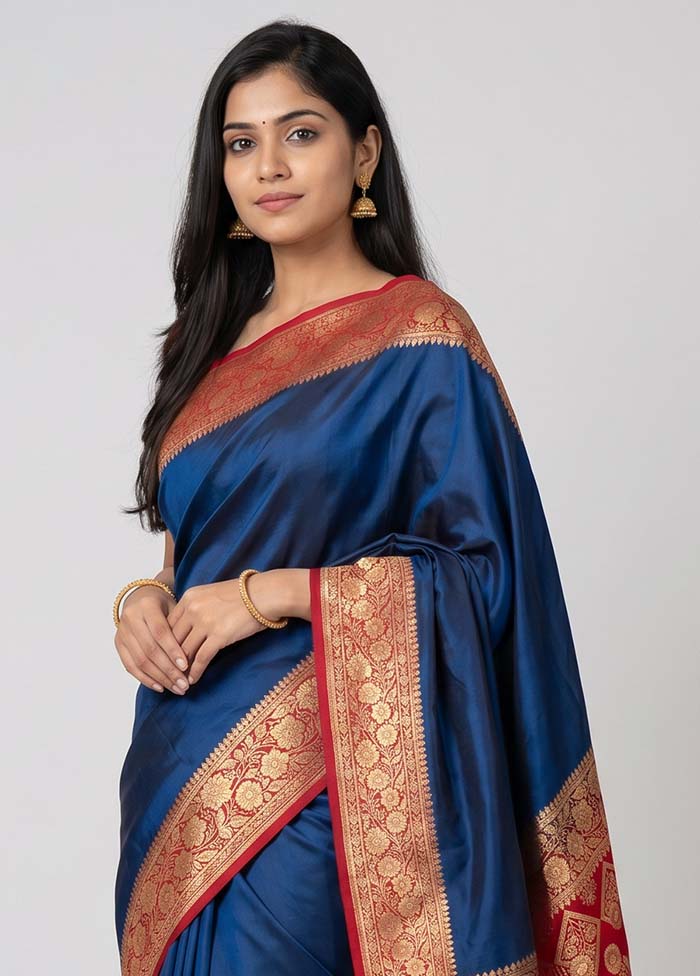 Blue Banarasi Silk Saree With Blouse Piece