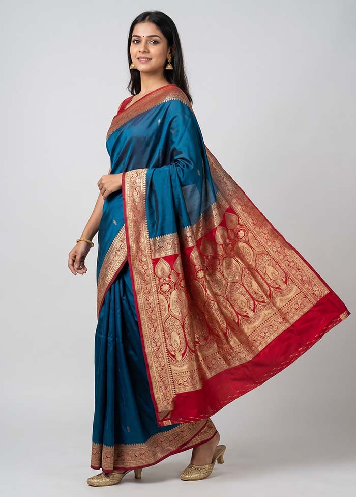 Blue Banarasi Silk Saree With Blouse Piece