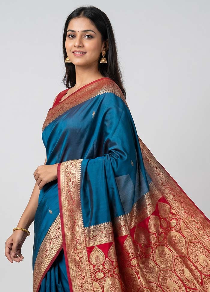 Blue Banarasi Silk Saree With Blouse Piece