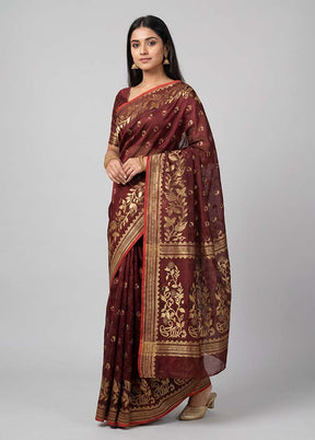 Maroon Jamdani Cotton Saree Without Blouse Piece