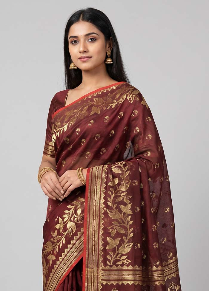Maroon Jamdani Cotton Saree Without Blouse Piece