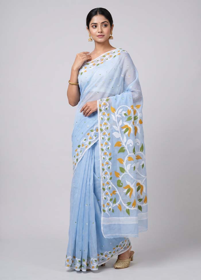 Blue Matka Silk Saree With Blouse Piece