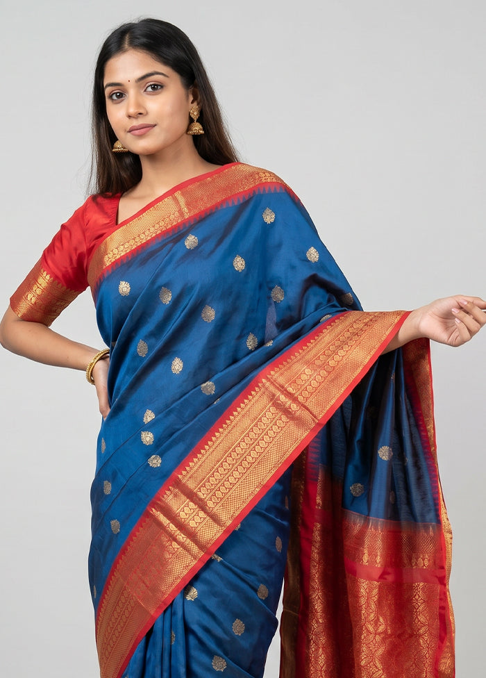 Blue Gadwal Silk Saree Without Blouse Piece