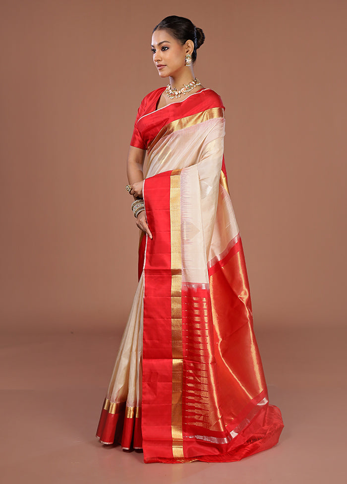 Cream Handloom Kanjivaram Pure Silk Saree With Blouse Piece
