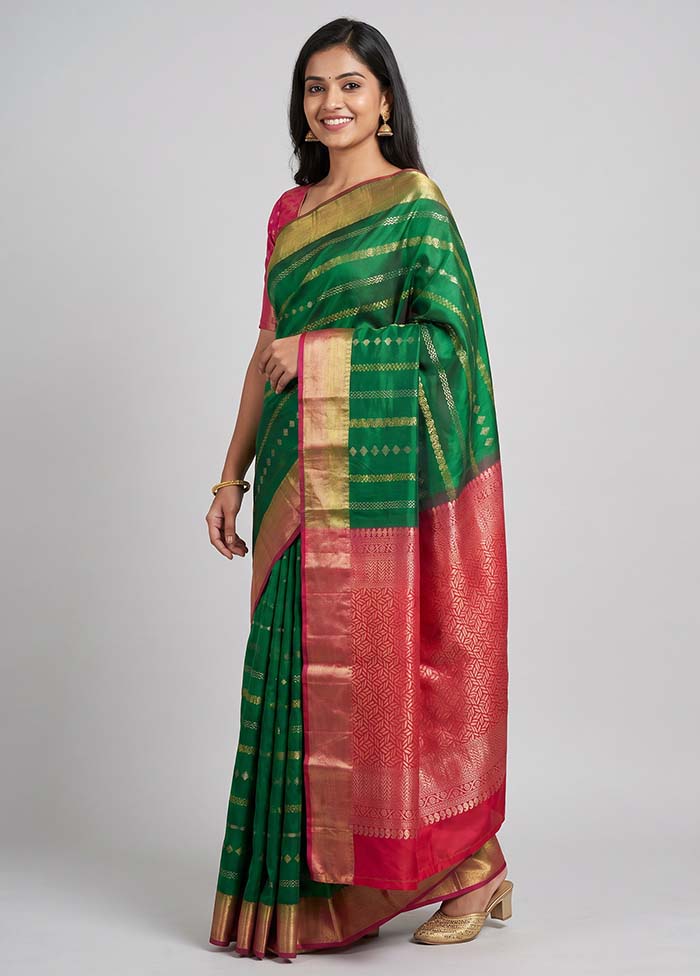Green Handloom Kanjivaram Pure Silk Saree With Blouse Piece