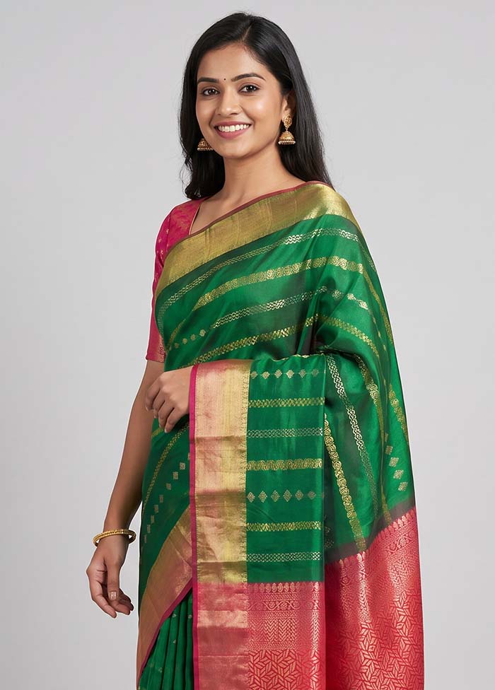 Green Handloom Kanjivaram Pure Silk Saree With Blouse Piece