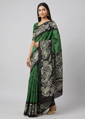 Green Printed Silk Saree Without Blouse Piece