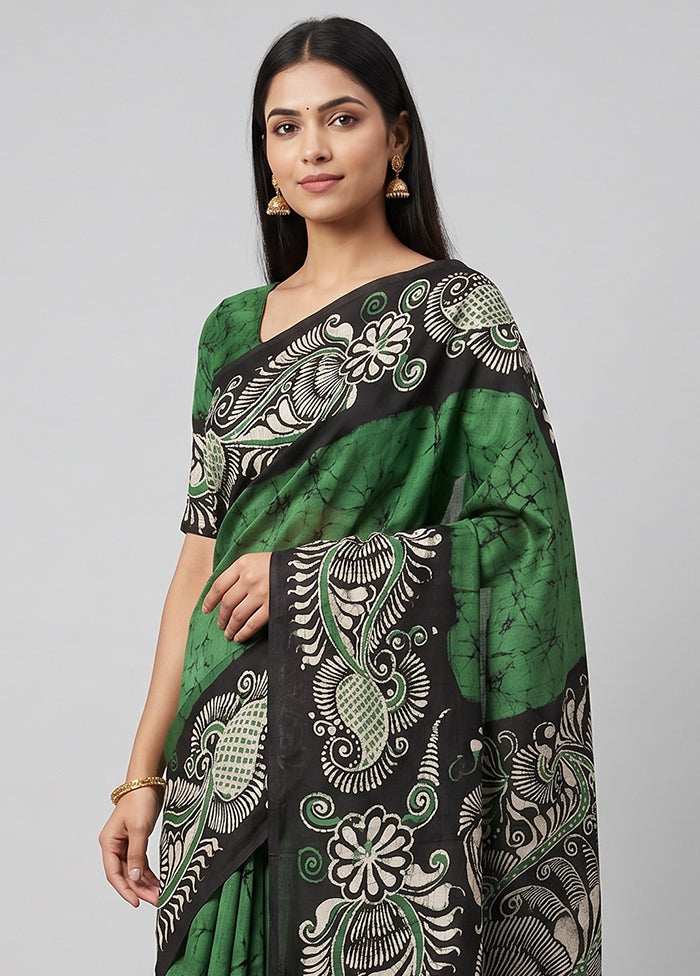 Green Printed Silk Saree Without Blouse Piece