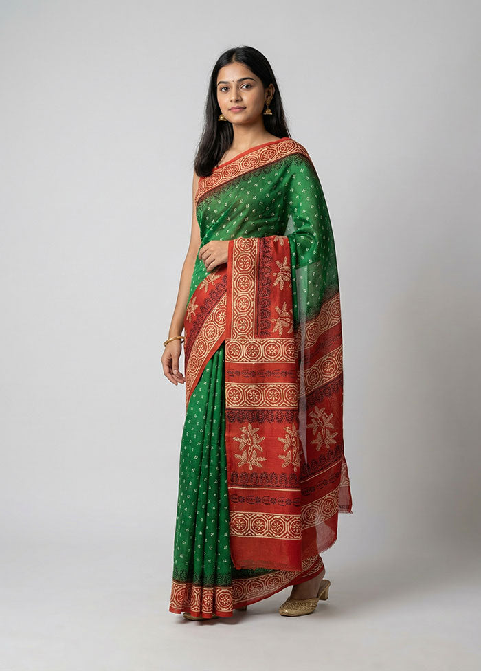 Green Printed Silk Saree Without Blouse Piece