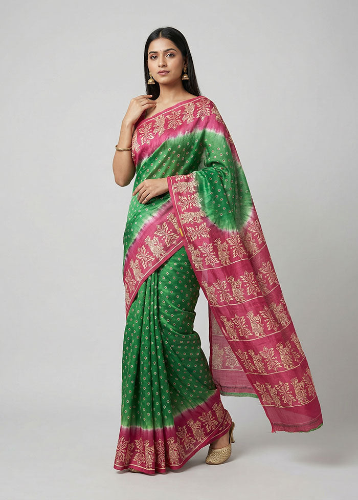 Green Printed Silk Saree Without Blouse Piece