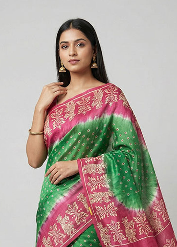 Green Printed Silk Saree Without Blouse Piece