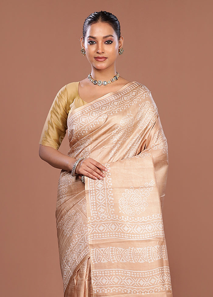 Cream Printed Pure Silk Saree Without Blouse Piece