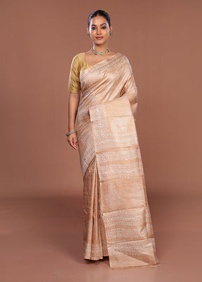 Cream Printed Pure Silk Saree Without Blouse Piece
