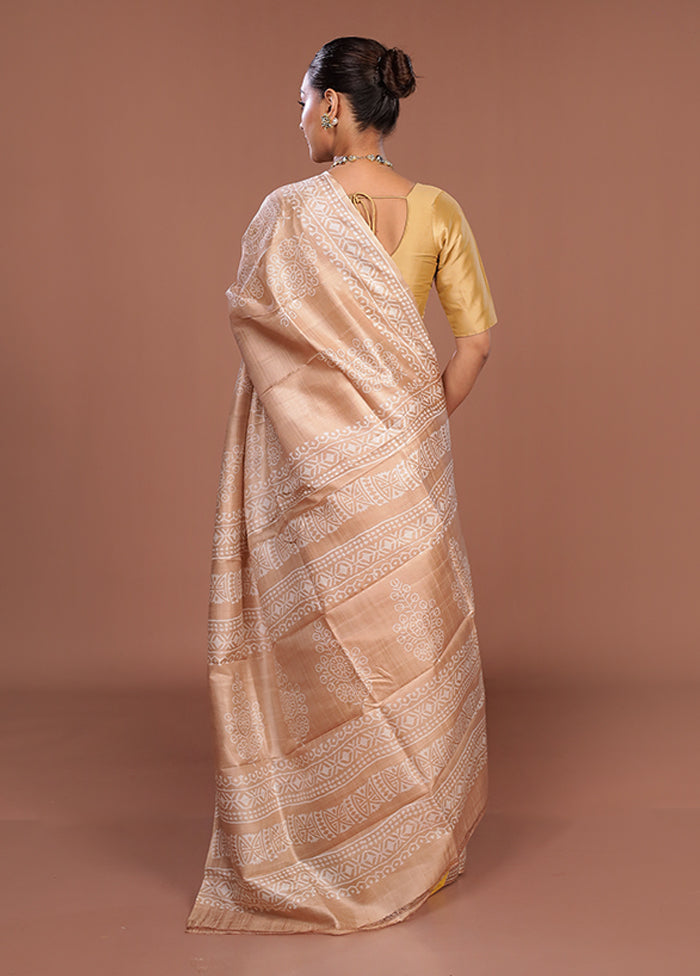 Cream Printed Pure Silk Saree Without Blouse Piece