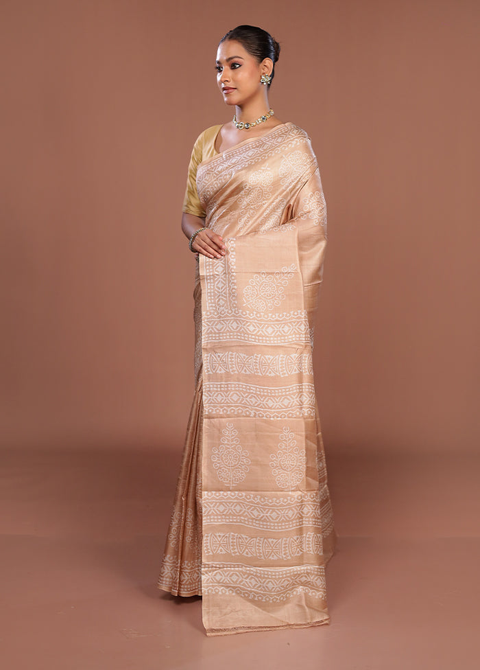 Cream Printed Pure Silk Saree Without Blouse Piece