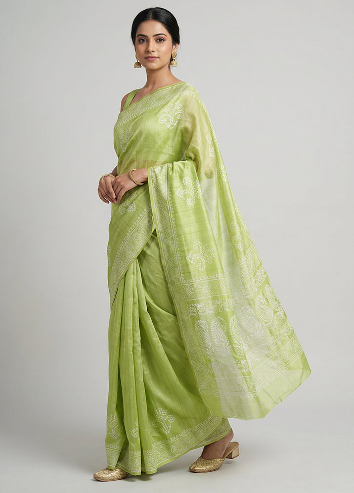 Green Printed Silk Saree Without Blouse Piece