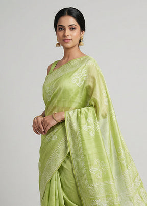 Green Printed Silk Saree Without Blouse Piece