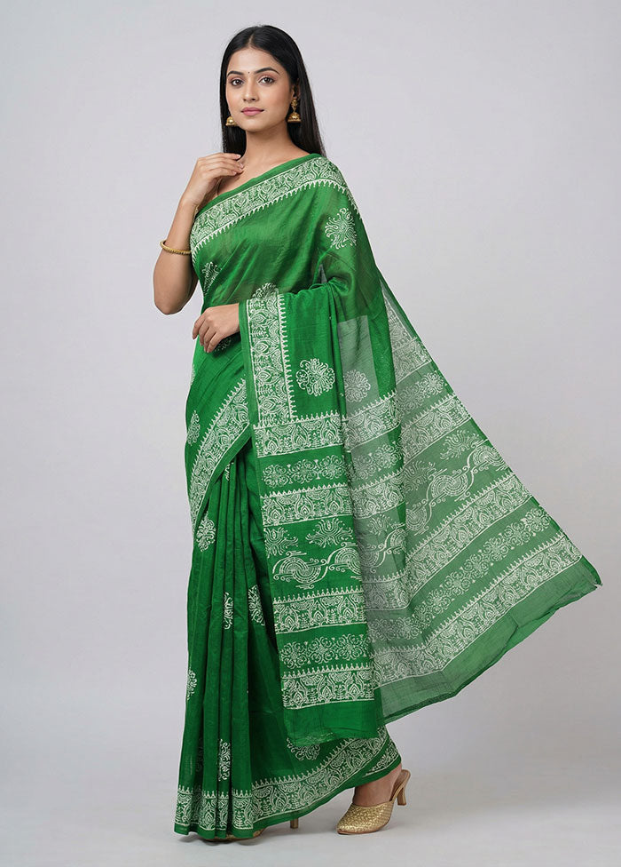 Green Printed Silk Saree Without Blouse Piece